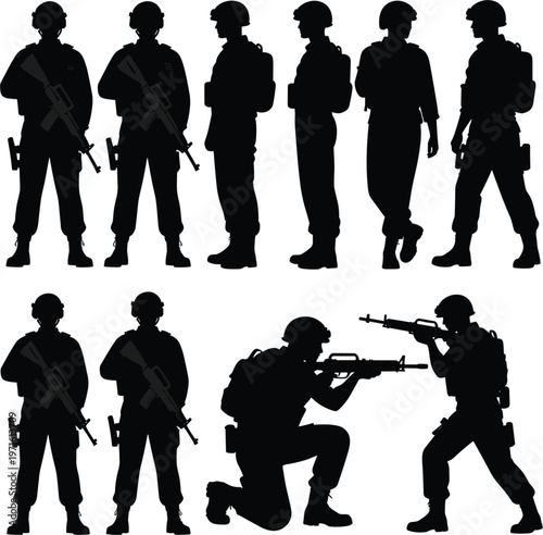 Collection of military soldier silhouettes in various combat poses including standing aiming and kneeling with rifles isolated on a white background for design.