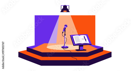 Poet performs on stage with spotlight shining on microphone and music stand with sheet music