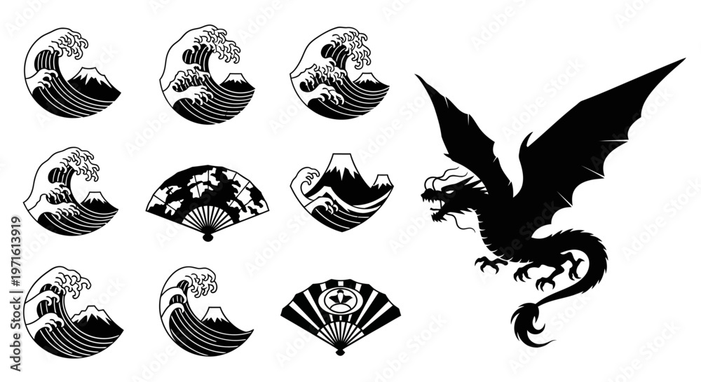 Fototapeta premium Black and white dragon and wave designs.