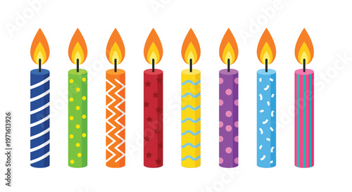 A row of brightly colored patterned birthday candles with flickering flames
