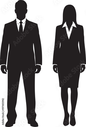 Professional silhouettes of a man and woman in business attire standing side by side isolated on transparent background, Vector