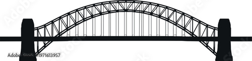 Detailed Black Silhouette of the Iconic Sydney Harbour Bridge Landmark Featuring Arched Steel Structure and Pylons Isolated on a Clean White Background