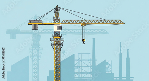 A tall yellow tower crane stands against a blue sky at a busy industrial construction site where engineering and steel structure development drive the high-rise building work