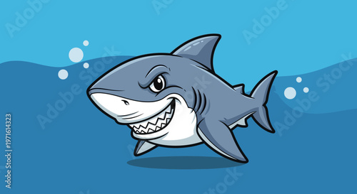 Cartoon shark swimming in ocean water.