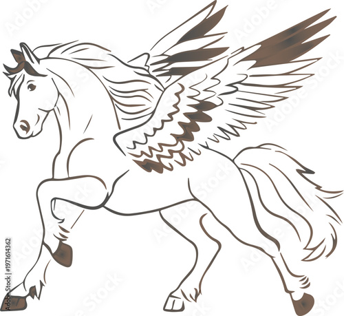 A black outline drawing depicts a mythical winged horse, Pegasus, with detailed feathers on its wings and a flowing mane, prancing gracefully.