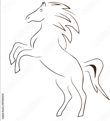 A simple black outline drawing illustrates a majestic horse rearing up on its hind legs, showcasing power and agility.