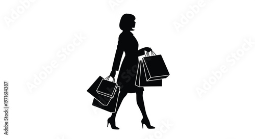 A happy lifestyle illustration of a smiling woman silhouette in a black dress holding fashion shopping bags and gift presents as a beauty shop customer during a sale