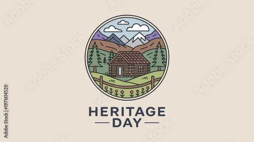 Rustic log cabin nestled in pine forest with mountains and flowers below heritage day text keywords house