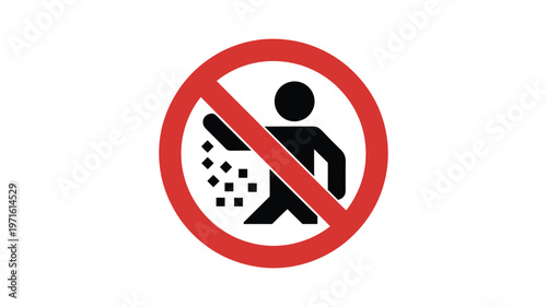 Red prohibition circle with keywords black silhouette of person scattering small squares littering sign