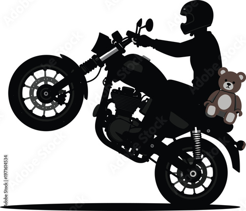 Silhouette of a stunt motorcyclist performing a wheelie on a classic motorcycle with a cute teddy bear passenger on a white background.