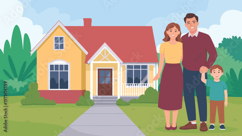 A smiling family of three stands in front of their yellow house with a red roof and green trees keywords