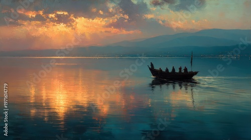 Small fishing boat with disciples on calm Sea of Galilee at golden sunrise Jesus calling fishermen