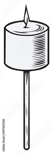 Vector graphic illustration of a marshmallow on a stick being roasted over a flame. Simple cooking in nature graphic.