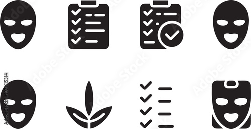Assorted black glyph icons featuring human faces masks checklist documents and plant leaf symbols for professional business app interfaces