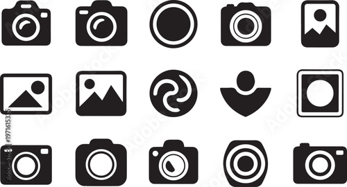 Camera and photography icons collection, black and white vector illustrations, digital photography symbol set, media capture equipment concept