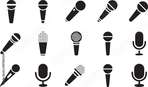 Comprehensive collection of microphone icons for recording studios podcasting live performances and broadcast technology equipment for music