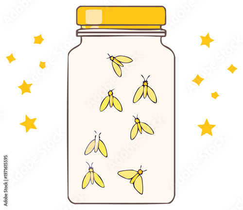 Jar filled with glowing fireflies surrounded by sparkling stars illustration