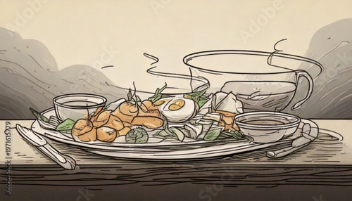 Delicious Food Platter with Fresh Ingredients and Garnishes.