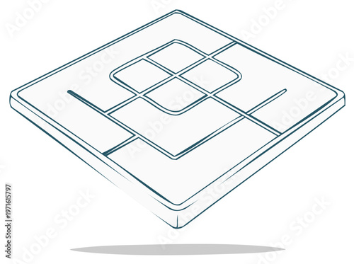 Minimalist isometric line art illustration of abstract grid pattern and curved paths for technology or connection concepts.