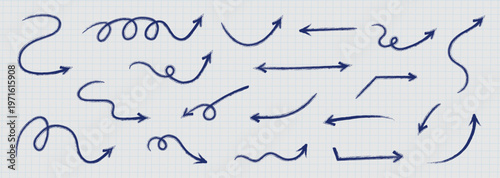 Hand-drawn doodle brush arrows set, simple drawing arrows for notes, decoration, and journal design.Creative concept, abstract charcoal scribble arrows, vector illustration—cool kid fun crayon art.
