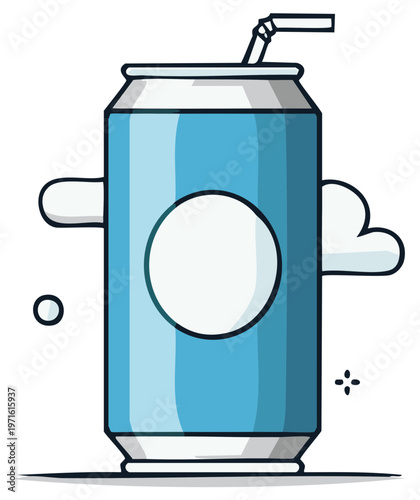 Light Blue Soda Can with Straw and Clouds Flat Vector Illustration Minimalist Design