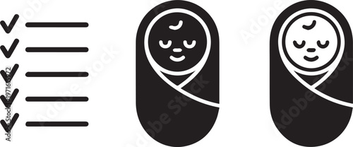 Set of black and white icons featuring a checklist and swaddled babies, symbolizing baby care tasks and newborn health