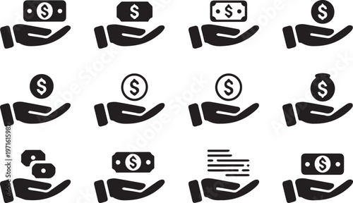 Set of black and white icons depicting hands holding money, symbolizing various financial concepts and transactions