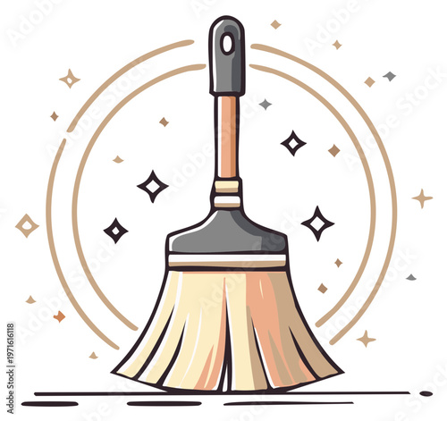 Dust brush illustration with halo of sparkles, cleaning tool with brown handle and off-white bristles and trim with circle