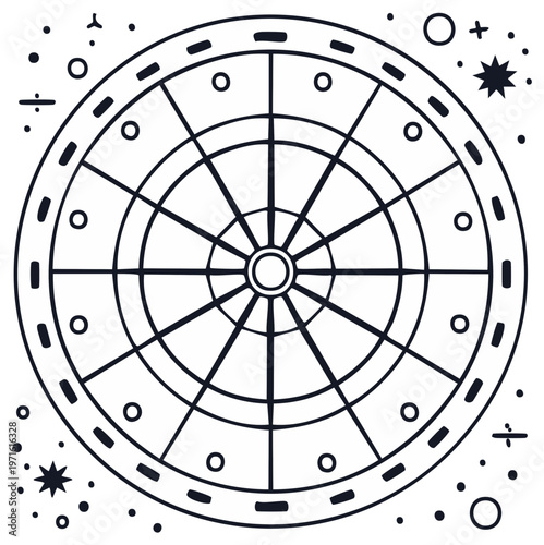 Astrological Wheel Chart with Cosmic Stars and Celestial Orbs Line Art