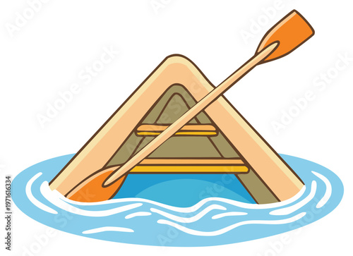 Capsized cartoon canoe with a paddle sinking in wavy blue water illustration