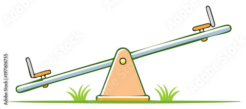 Empty seesaw or teeter-totter on green grass in a park. Fun childhood playground equipment icon.