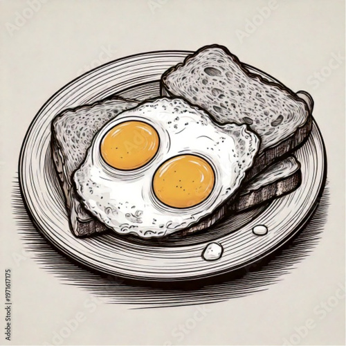 Hand drawn illustration of fried eggs and toast on a plate.