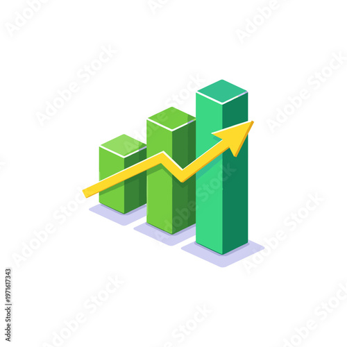 Isometric upwards bar graph, stonk chart icon logo flat vector design
