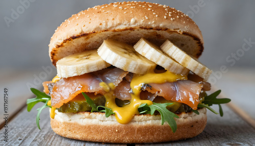 Macro close-up of a creative fish burger with salmon and matjes, topped with fresh arugula, banana slices, pickle slices, and honey mustard dressing. Bold fusion of sweet, savory, and tangy flavors, 