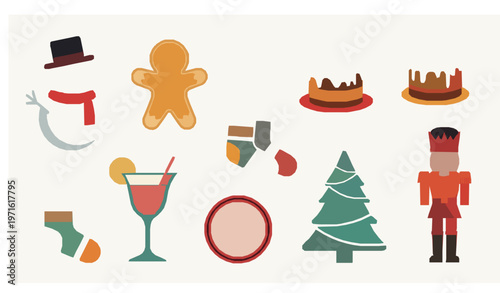 Playful retro Christmas sticker collection with snowman gingerbread cake tree and festive New Year elements