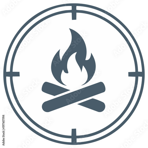 Campfire Icon in Circle Frame Design Element Featuring Crossed Logs and Flames