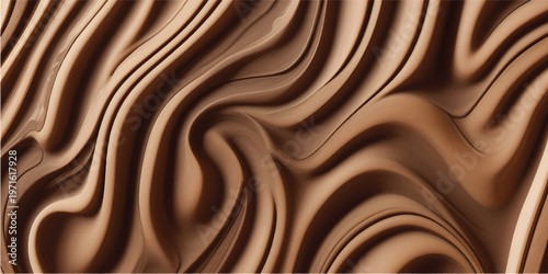 A delicious dark chocolate background features a smooth liquid cream swirl and flowing cocoa waves with a silky satin texture for a sweet dessert design
