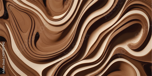 A seamless dark chocolate background features a smooth flowing liquid swirl pattern of cocoa cream and silk waves for a sweet brown food design wallpaper
