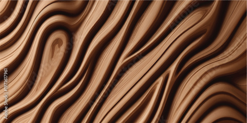 Brown wood texture background with a smooth chocolate satin wave pattern and flowing liquid curves in a soft gold textile material design