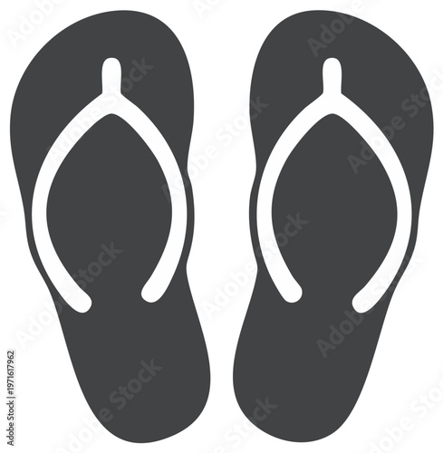 Simple graphic icon of a pair of dark grey flip flops with white straps summer footwear