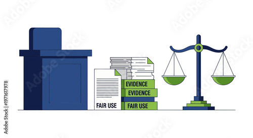 Law scale books and judge desk for fair use and evidence in a courtroom setting with justice symbols