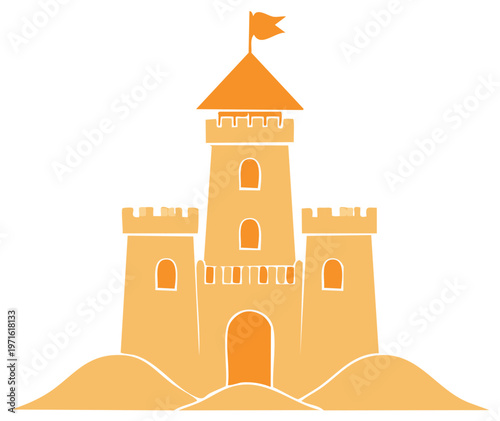 Whimsical Sandcastle Illustration with Flag Topping the Tallest Tower on Beach Sand Dunes
