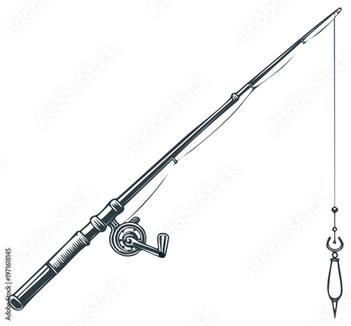 Vintage fishing rod with reel and lure illustration monochrome drawing for angling hobbyists