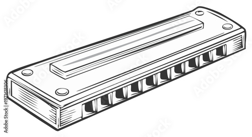 Classic blues harmonica isolated vector illustration in a black and white sketch style