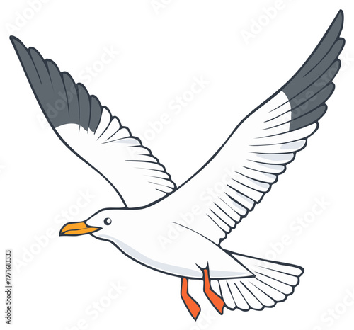 Cartoon Seagull Soaring, White Bird with Gray Wingtips Floating with Open Wings, Freedom Concept