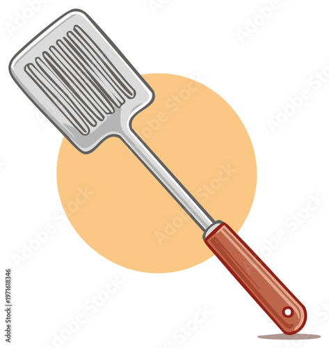 Cartoon Style Metal Slotted Spatula with Brown Handle for Cooking and Kitchen Use, Grilling Tool Illustration