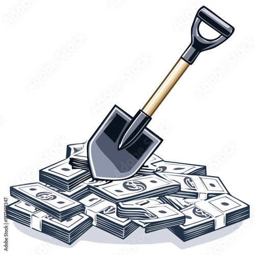Shovel digging into large pile of cash money stacks symbolizing wealth accumulation and financial success