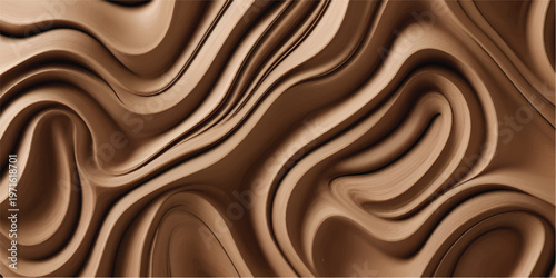 A seamless dark chocolate texture design featuring a flowing liquid brown wave pattern with a metallic gold swirl and satin silk fabric backdrop illustration
