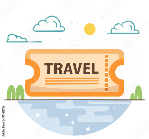 Colorful Ticket Cartoon for Travel with Nature Scene, Adventure Planning