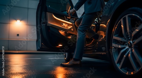 Businessman in a suit stepping out of a luxury car at night. Concept of arrival, executive travel, and professional success.

